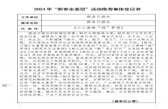 商洛日報社推薦參評 2024年“新春走基層”活動先進集體、先進個人和優(yōu)秀作品評選結果的公示